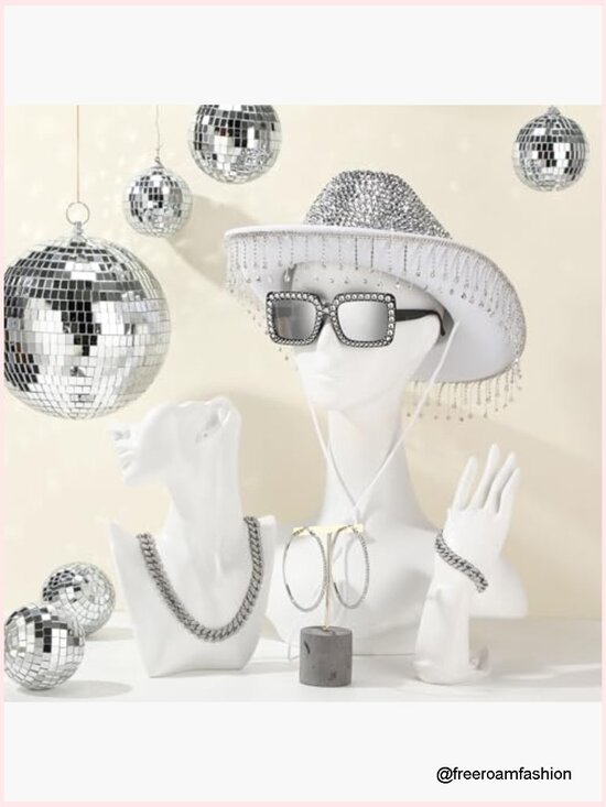 6pc Rhinestone Cowgirl Set with Bling Hat Sunglasses Necklace Bracelet Earrings